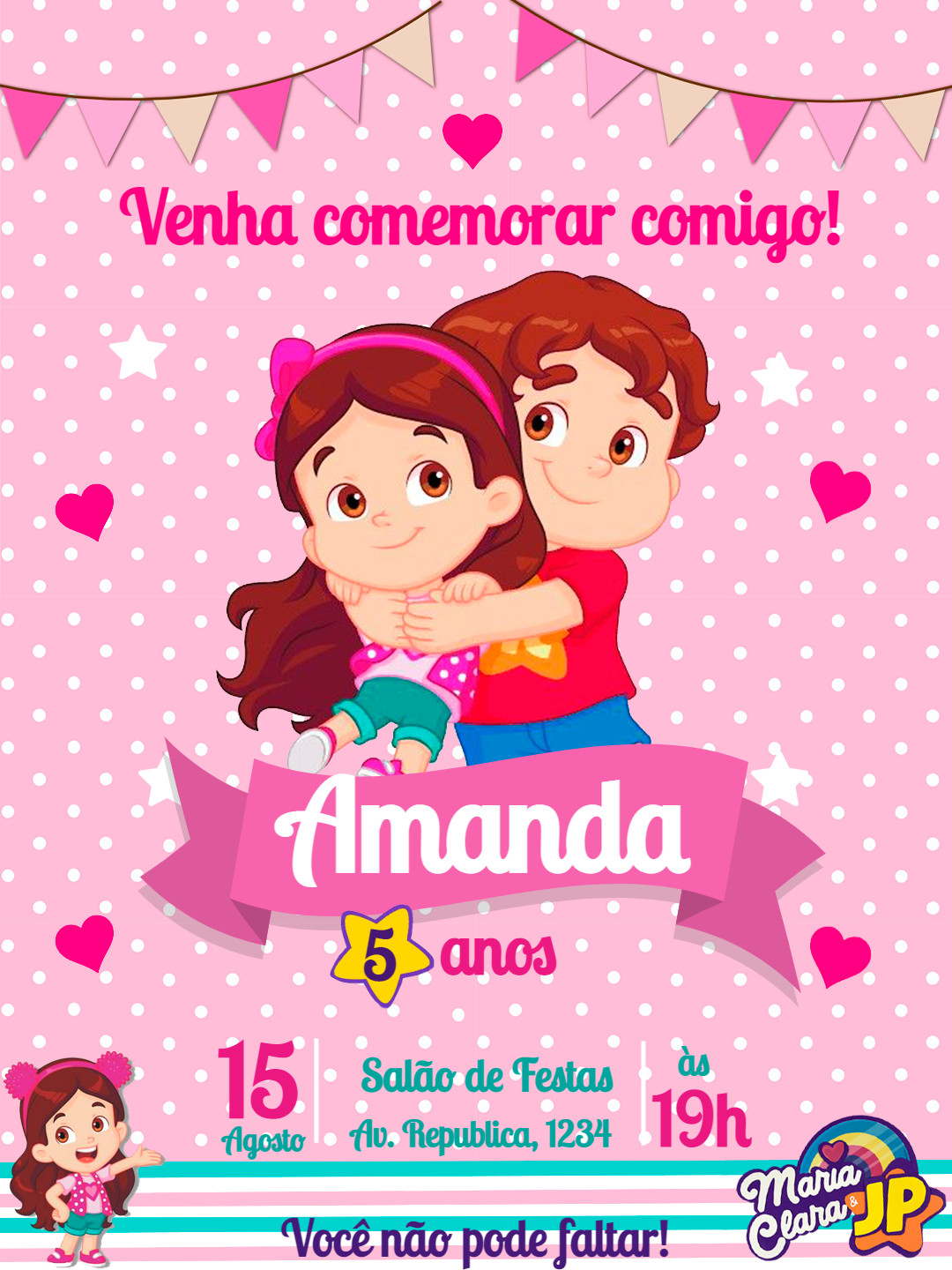 Convite Aniversário Maria Clara e JP para Editar Online