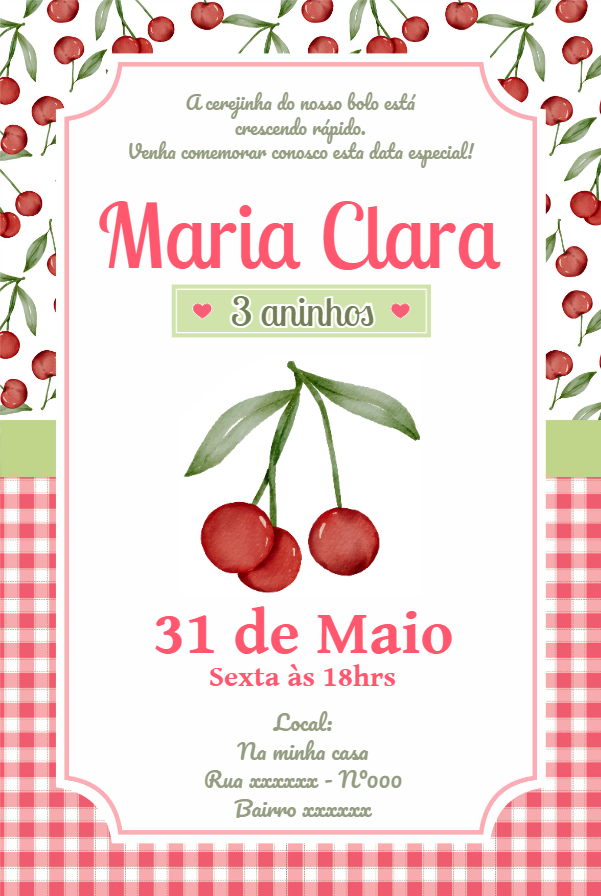 Convite Aniversário Cerejinha para Editar Online e Imprimir Convite Aniversário Cerejinha para Editar Online e Imprimir
