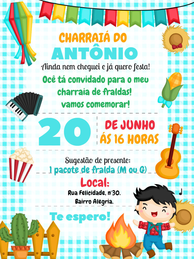 Convite Charraiá de Fraldas Menino Caipira para Editar Online Convite Charraiá de Fraldas Menino Caipira para Editar Online