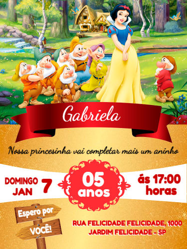 Convite Aniversário Branca de Neve e os Anões para Editar Convite Aniversário Branca de Neve e os Anões para Editar