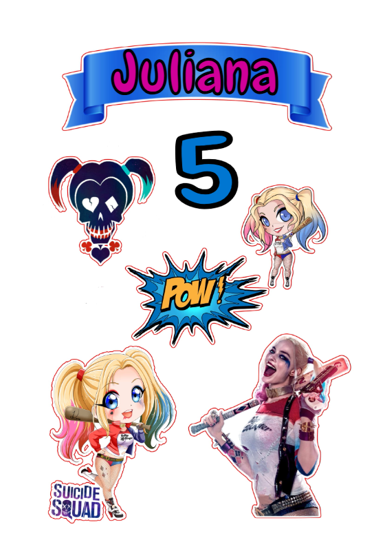 Topo de Bolo Arlequina Editável com Personagens para Imprimir Topo de Bolo Arlequina Editável com Personagens para Imprimir