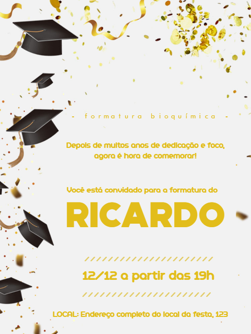 Convite de Formatura Dourado com Confete para Editar Online Convite de Formatura Dourado com Confete para Editar Online
