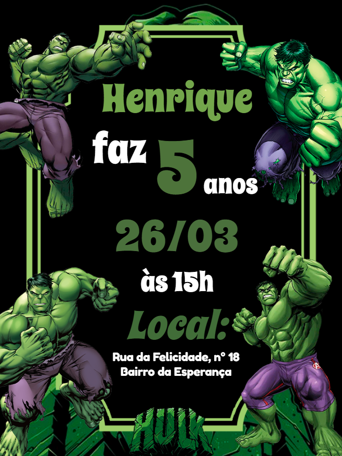 Convite de Aniversário do Hulk Editável para Enviar Online