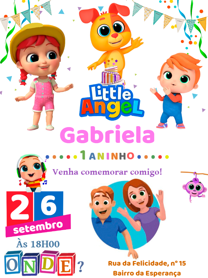Convite de Aniversário Little Angel com Personagens para Editar Convite de Aniversário Little Angel com Personagens para Editar