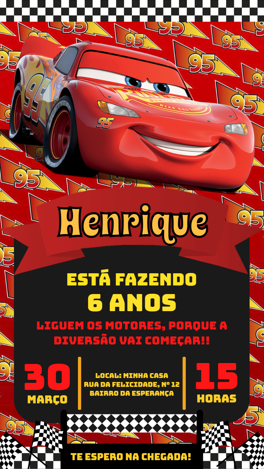 Convite de Aniversário Carros Relâmpago McQueen para Editar Convite de Aniversário Carros Relâmpago McQueen para Editar