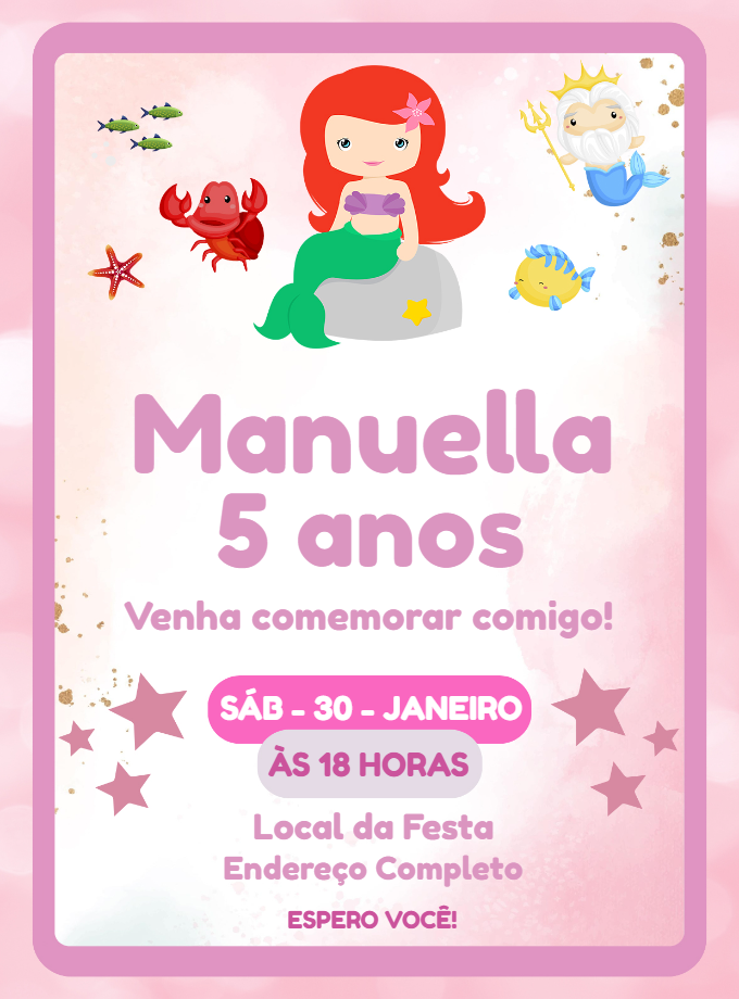 Convite Aniversário Pequena Sereia Cute para Editar Online