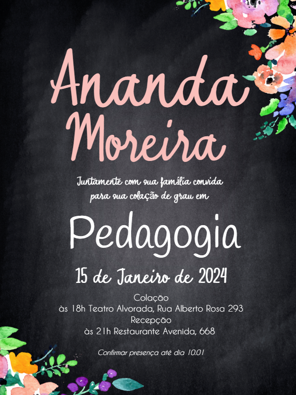 Convite de Formatura Quadro Negro Floral para Editar Online