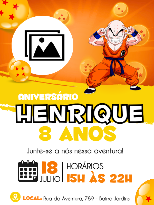 Convite Aniversário Kuririn Dragon Ball Z com Foto para Editar Convite Aniversário Kuririn Dragon Ball Z com Foto para Editar