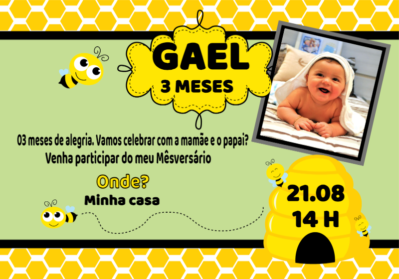 Convite Mêsversário Abelhinha com Foto para Editar Online Convite Mêsversário Abelhinha com Foto para Editar Online