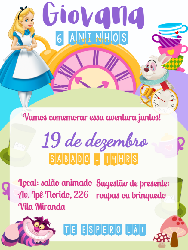 Convite Aniversário Alice no País das Maravilhas para Editar Convite Aniversário Alice no País das Maravilhas para Editar