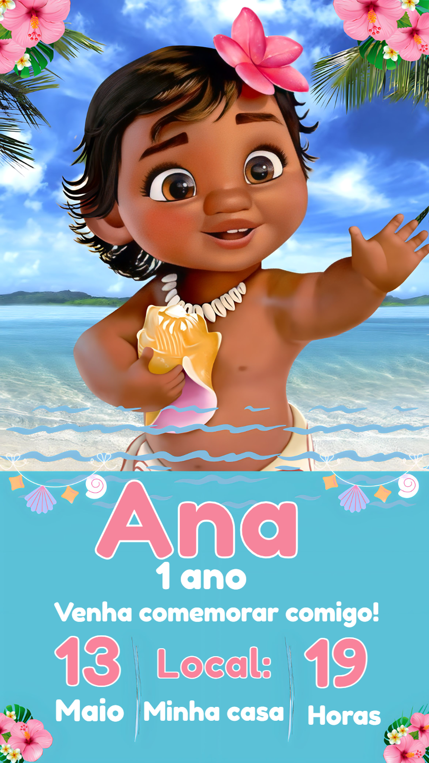 Convite Aniversário Moana Baby para Editar Online Convite Aniversário Moana Baby para Editar Online
