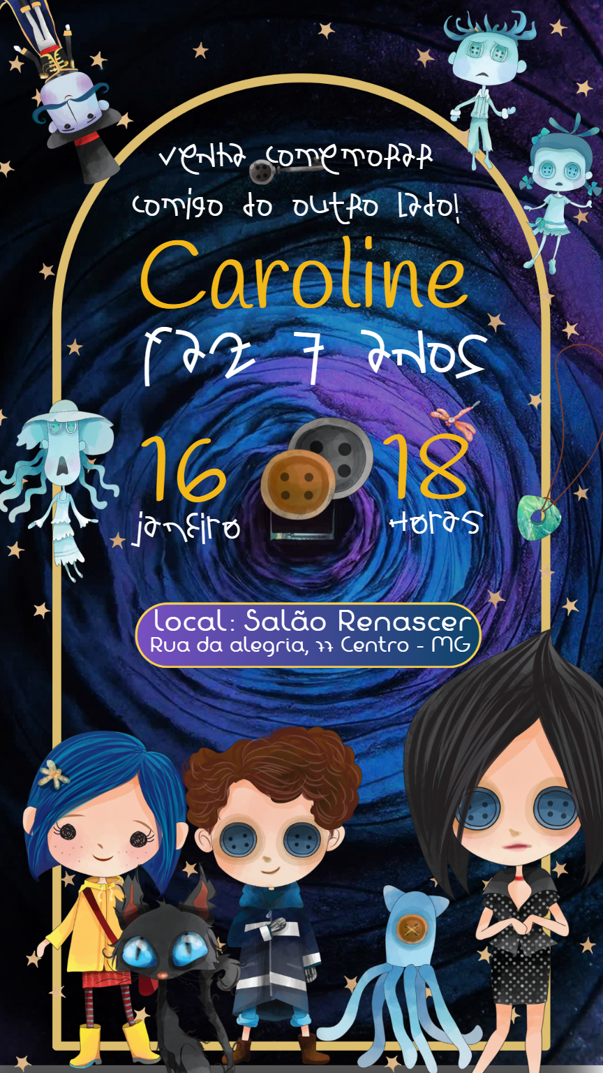 Convite de Aniversário Coraline Misterioso para Editar Online Convite de Aniversário Coraline Misterioso para Editar Online