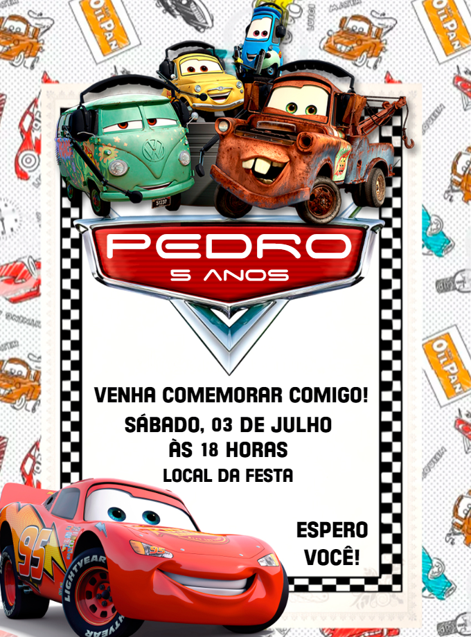Convite Aniversário Carros com Relâmpago McQueen para Editar Convite Aniversário Carros com Relâmpago McQueen para Editar