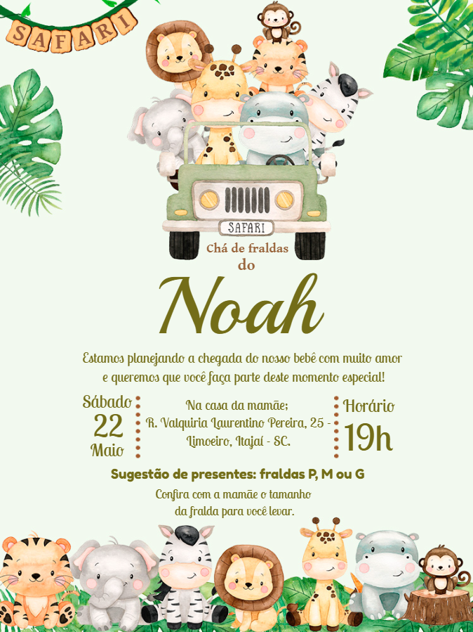Convite Chá de Fraldas Safari com Animais para Editar Online Convite Chá de Fraldas Safari com Animais para Editar Online