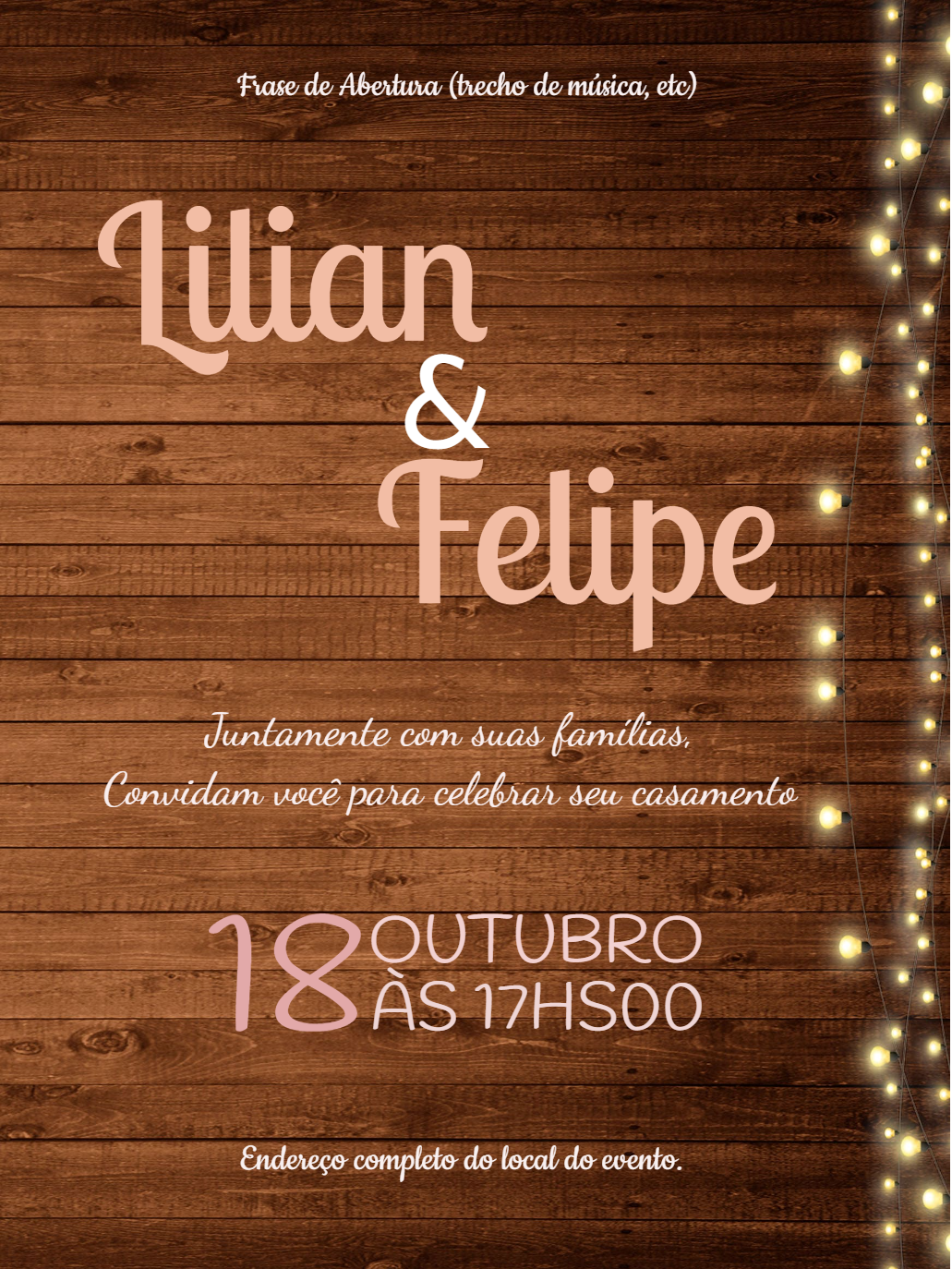 Convite de Casamento Rústico com Luzes para Editar Online Convite de Casamento Rústico com Luzes para Editar Online