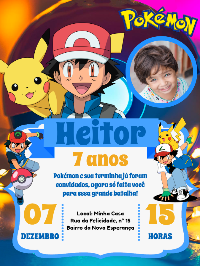 Convite Aniversário Pokémon com Foto para Editar Online Convite Aniversário Pokémon com Foto para Editar Online