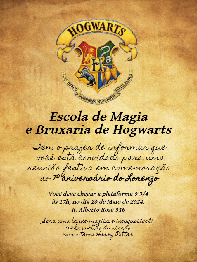 Convite Aniversário Harry Potter Carta de Hogwarts para Editar Convite Aniversário Harry Potter Carta de Hogwarts para Editar