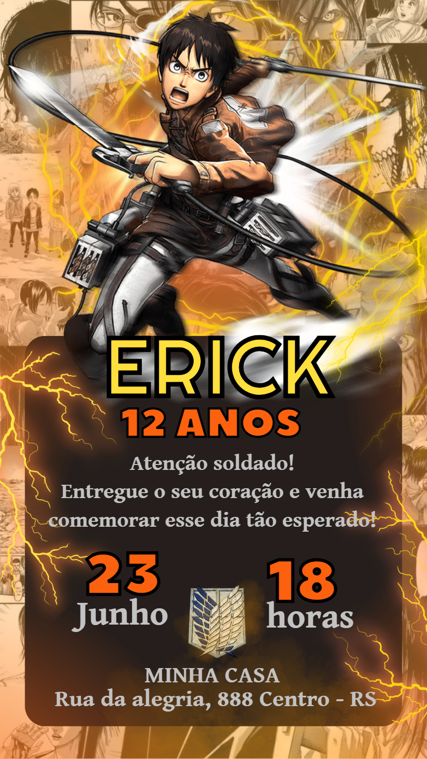 Convite de Aniversário Shingeki no Kyojin com Eren para Editar Convite de Aniversário Shingeki no Kyojin com Eren para Editar