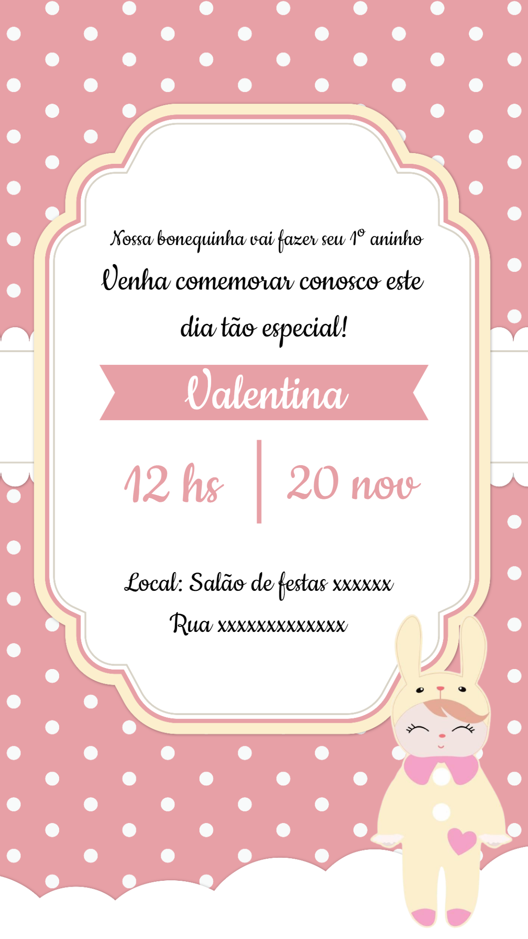 Convite Aniversário Boneca Metoo Rosa para Editar Online Convite Aniversário Boneca Metoo Rosa para Editar Online