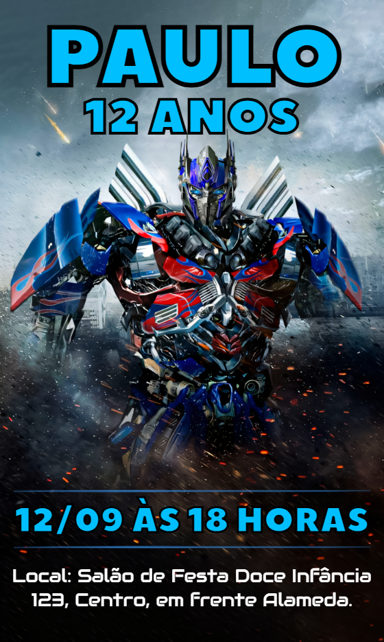 Convite de Aniversário Transformers Optimus Prime para Editar Convite de Aniversário Transformers Optimus Prime para Editar