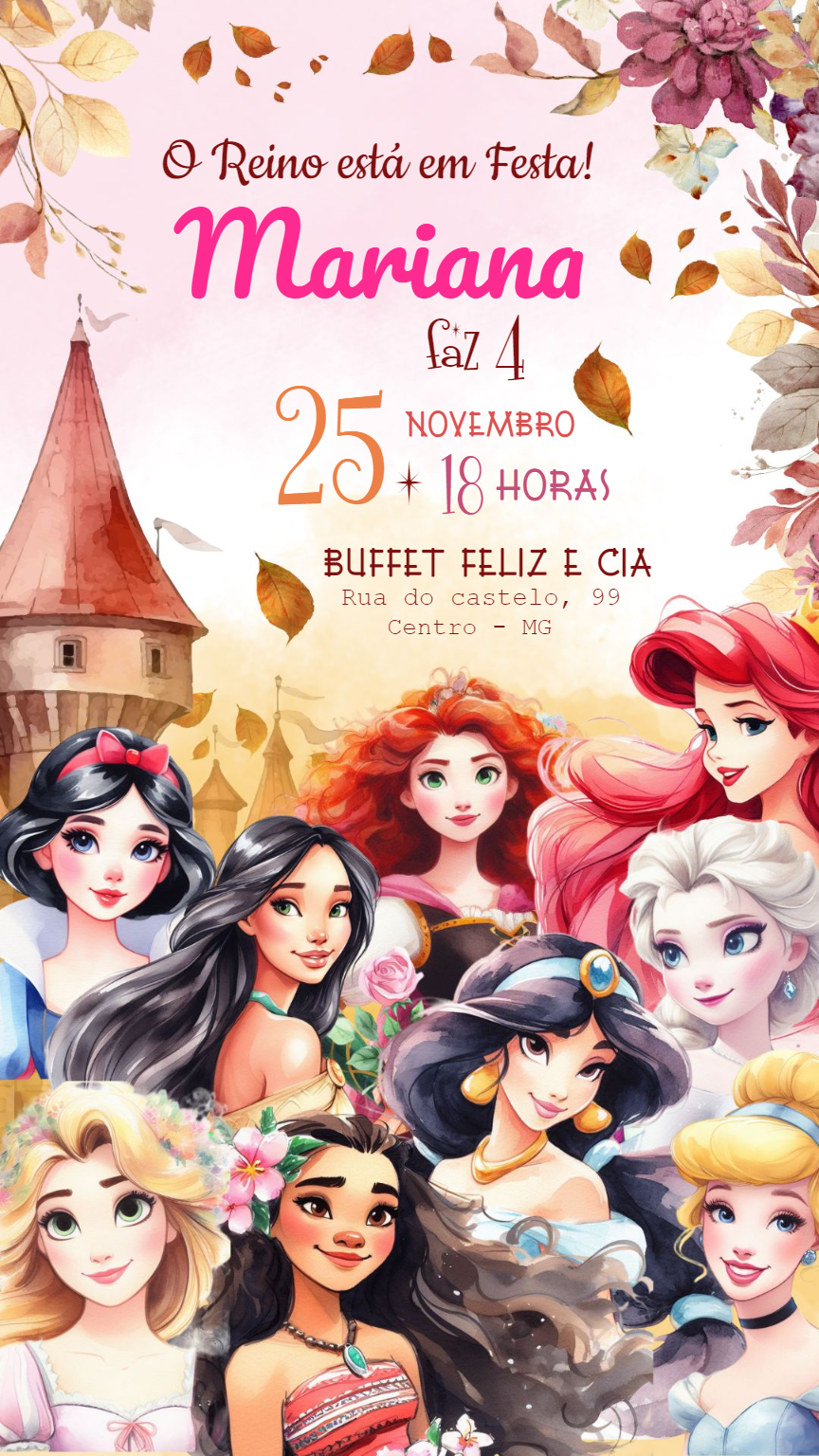Convite Aniversário Princesas da Disney para Editar Online