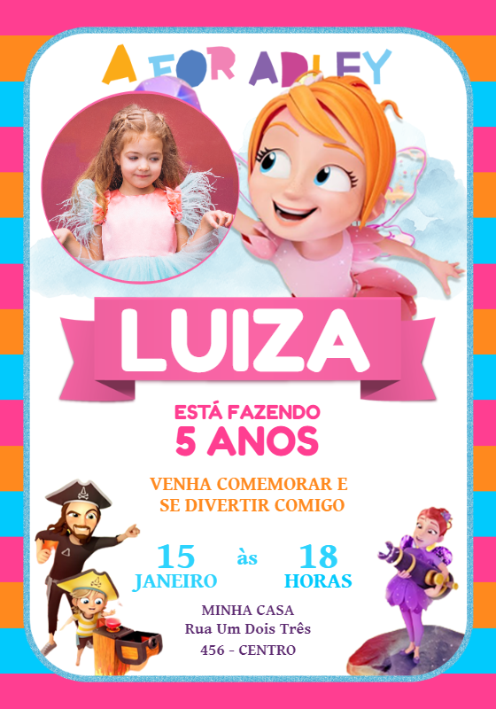 Convite Aniversário A For Adley com Foto para Editar Online