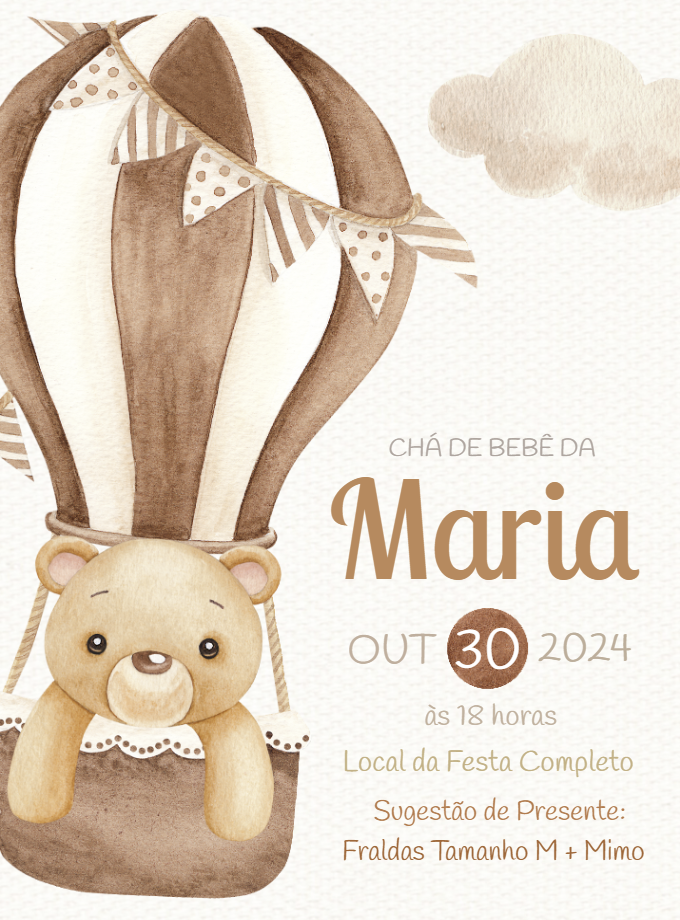Convite Chá de Bebê Ursinho Baloeiro para Editar Online Convite Chá de Bebê Ursinho Baloeiro para Editar Online