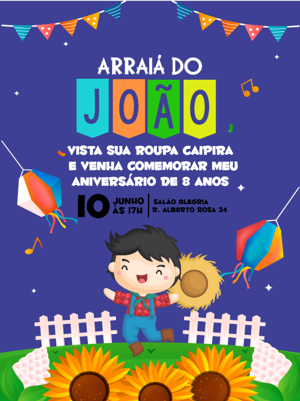Convite Arraiá Infantil com Menino Caipira Editável Online