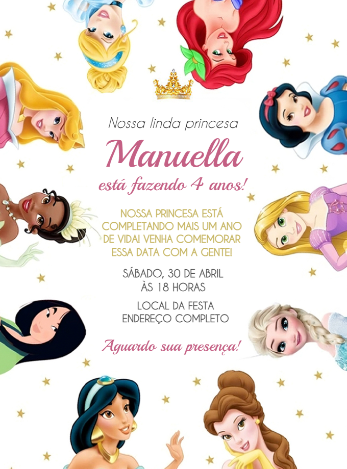 Convite de Aniversário Princesas Disney para Editar Online