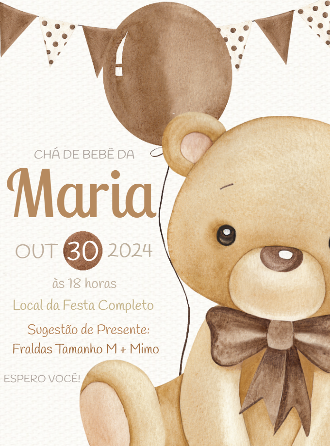 Convite Chá de Bebê Ursinho Aquarela para Editar Online Convite Chá de Bebê Ursinho Aquarela para Editar Online