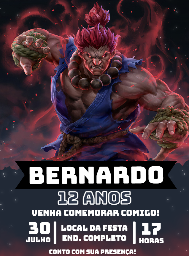 Convite de Aniversário Akuma Street Fighter para Editar Online Convite de Aniversário Akuma Street Fighter para Editar Online