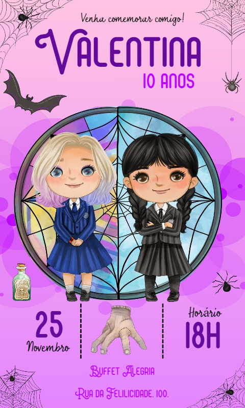 Convite Aniversário Wandinha e Enid para Editar Online Convite Aniversário Wandinha e Enid para Editar Online