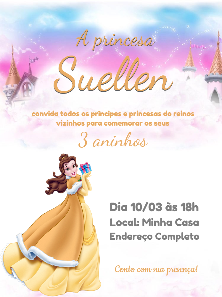 Convite Aniversário Princesa Bela para Editar Online Convite Aniversário Princesa Bela para Editar Online