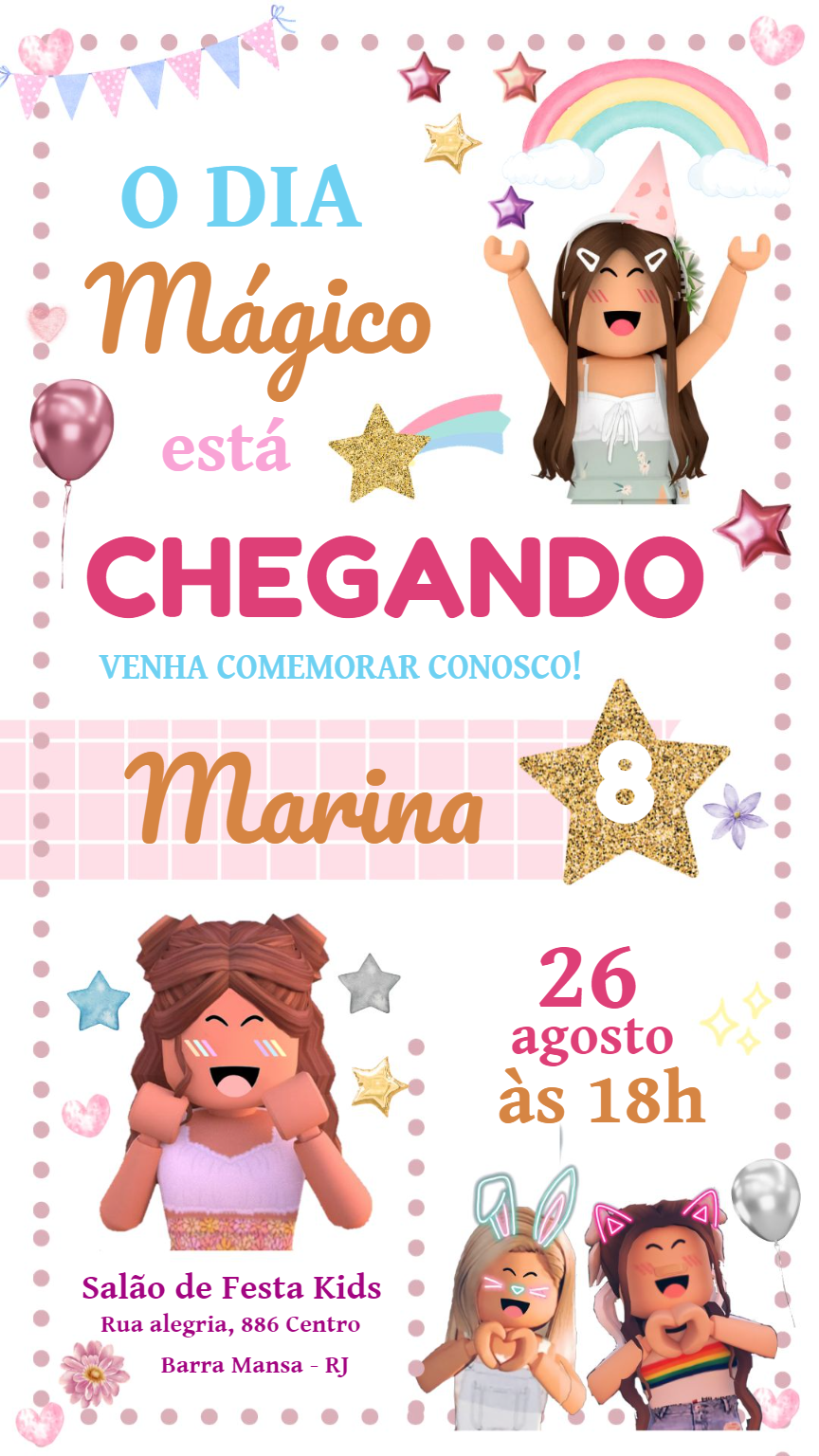 Convite Aniversário Roblox Menina para Editar Online