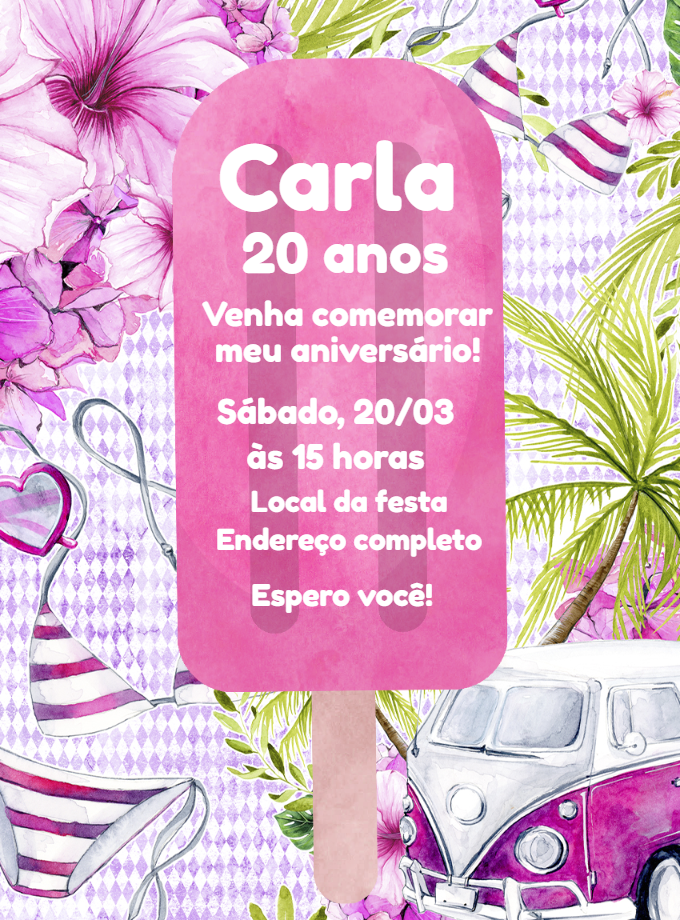 Convite Aniversário Kombi Rosa e Picolé para Editar Online Convite Aniversário Kombi Rosa e Picolé para Editar Online
