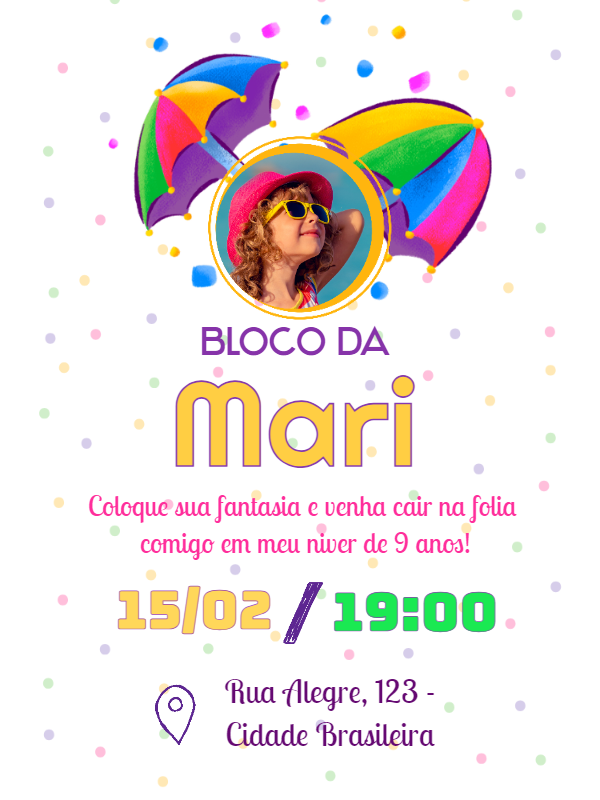 Convite Aniversário Bloco de Carnaval com Foto para Editar Convite Aniversário Bloco de Carnaval com Foto para Editar