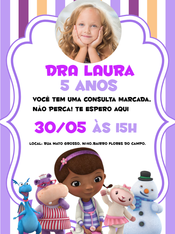 Convite Aniversário Doutora Brinquedos com Foto para Editar Convite Aniversário Doutora Brinquedos com Foto para Editar