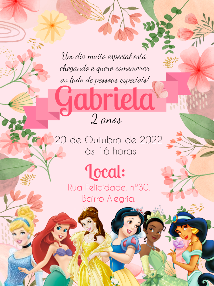 Convite Aniversário Princesas Disney Jardim para Editar Online Convite Aniversário Princesas Disney Jardim para Editar Online