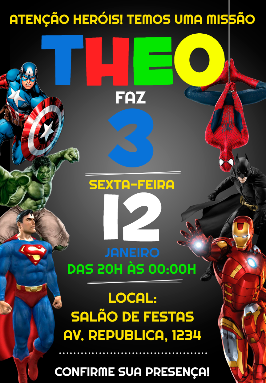 Convite de Aniversário Super-Heróis Vingadores para Editar Online Convite de Aniversário Super-Heróis Vingadores para Editar Online