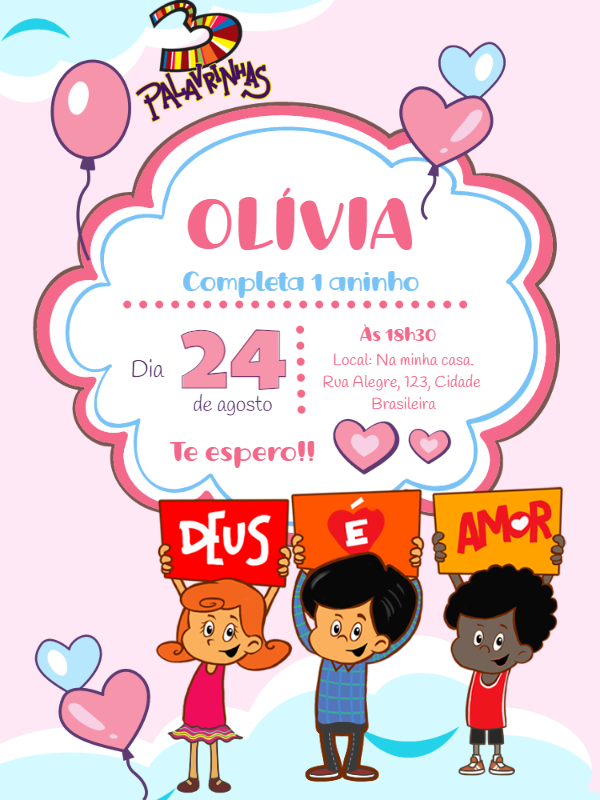 Convite Aniversário 3 Palavrinhas com Personagens para Editar