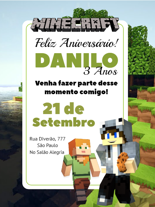 Convite de Aniversário Minecraft com Personagens para Editar Online Convite de Aniversário Minecraft com Personagens para Editar Online