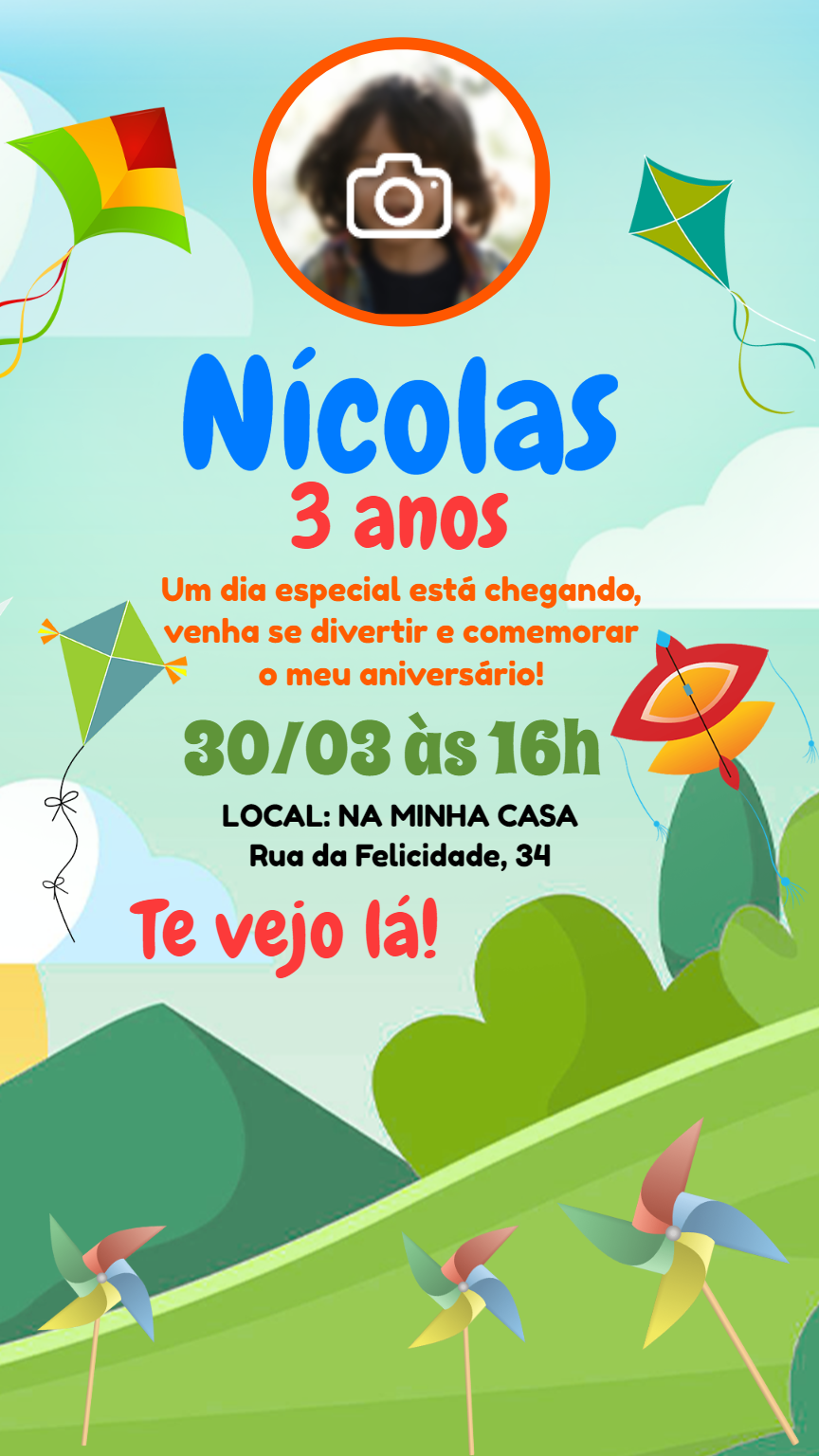 Convite Aniversário Pipa com Foto para Editar Online Convite Aniversário Pipa com Foto para Editar Online