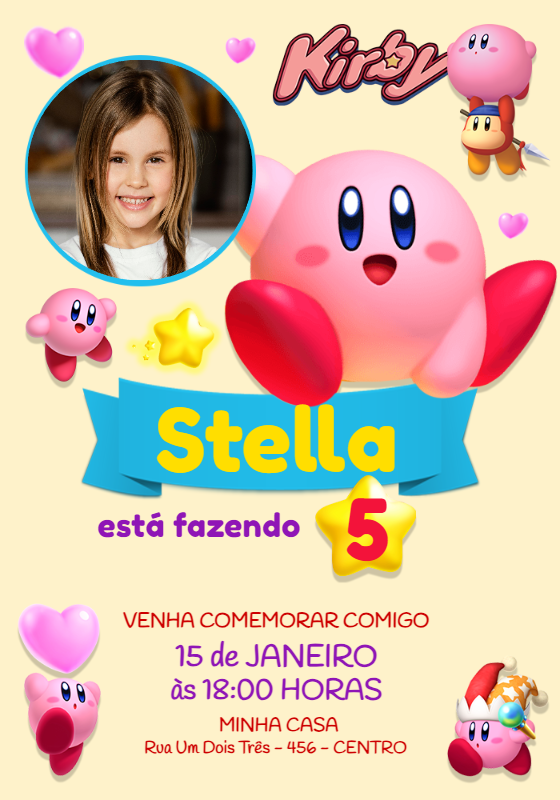 Convite de Aniversário Kirby com Foto para Editar Online Convite de Aniversário Kirby com Foto para Editar Online