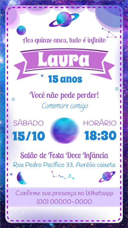 Convite de 15 Anos Galáxia Roxo para Editar Online Convite de 15 Anos Galáxia Roxo para Editar Online