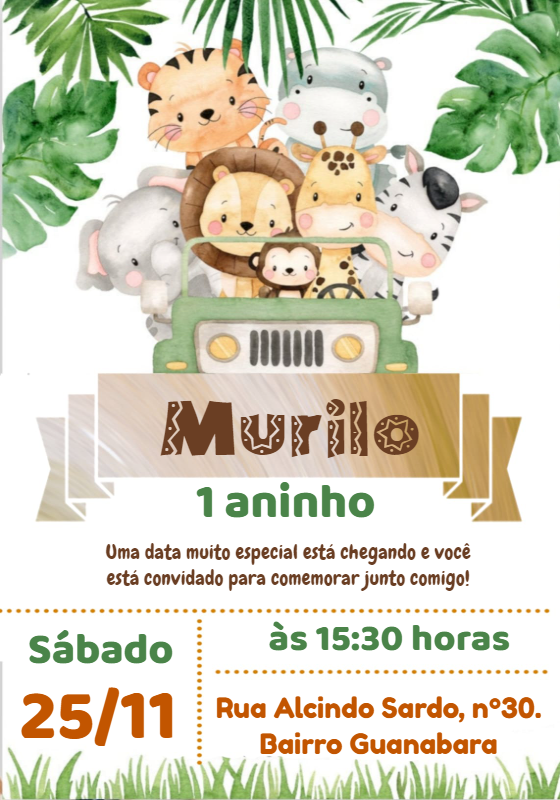 Convite Aniversário Safari com Animais para Editar Online Convite Aniversário Safari com Animais para Editar Online
