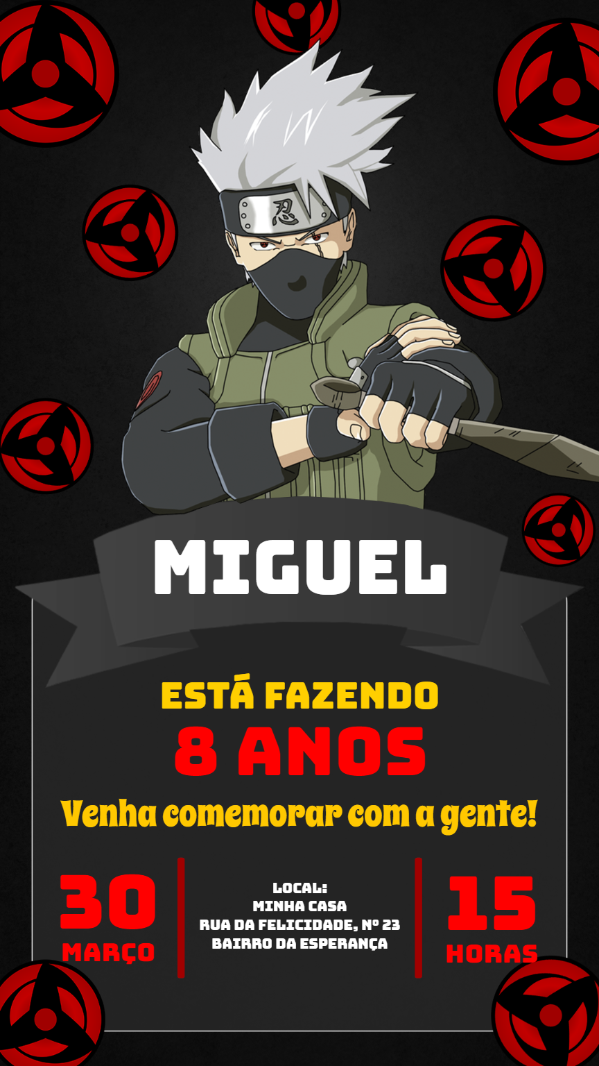Convite Aniversário Kakashi Naruto para Editar Online