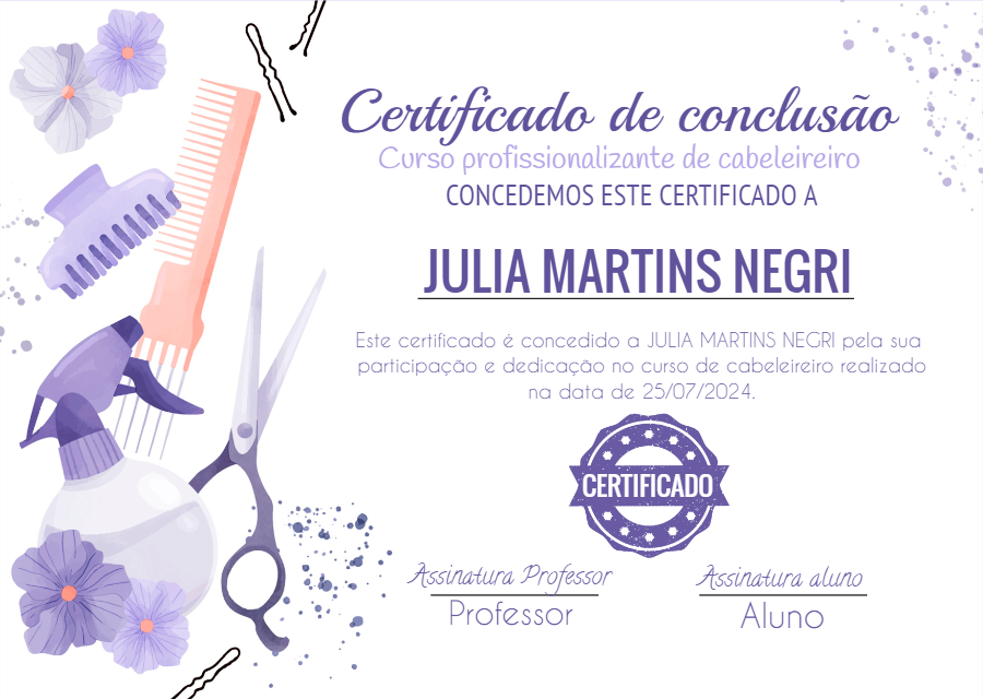 Certificado de Curso de Cabeleireiro Editável para Imprimir Certificado de Curso de Cabeleireiro Editável para Imprimir