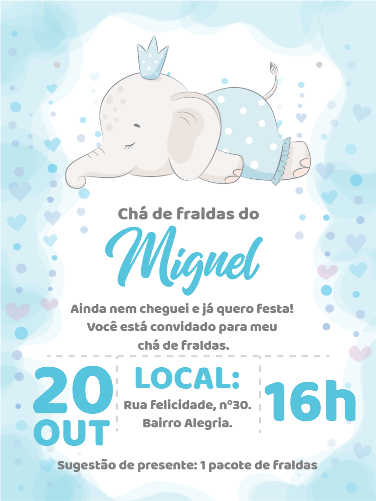 Convite Chá de Fraldas Elefantinho Azul para Editar Online Convite Chá de Fraldas Elefantinho Azul para Editar Online