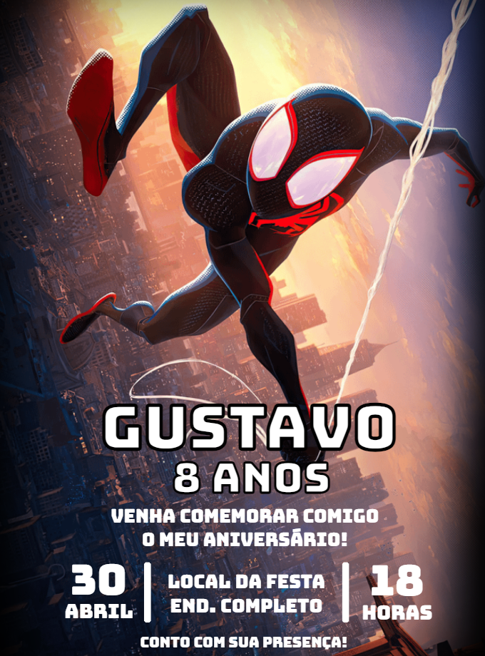 Convite Aniversário Homem-Aranha Miles Morales para Editar Convite Aniversário Homem-Aranha Miles Morales para Editar