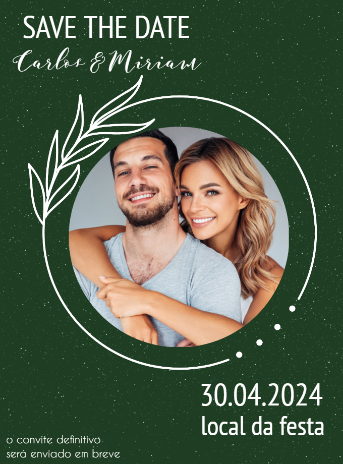 Convite Save the Date Casamento Verde com Foto para Editar Convite Save the Date Casamento Verde com Foto para Editar